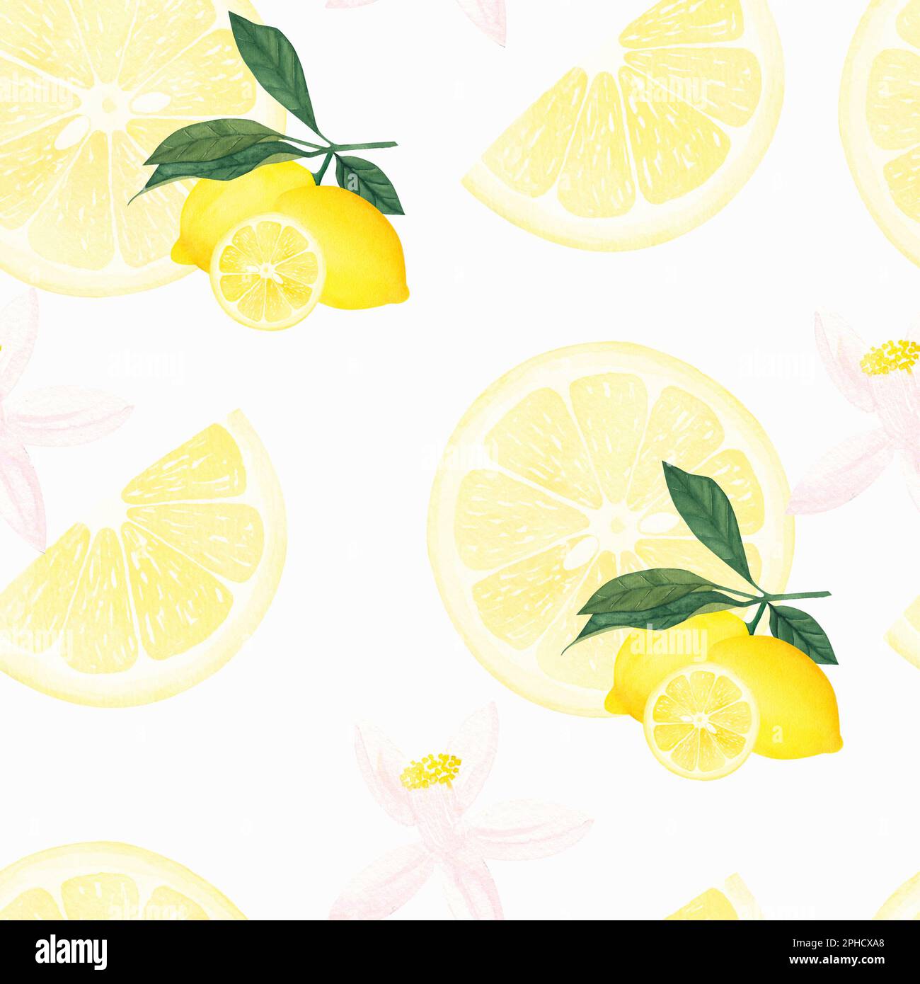 Watercolor seamless pattern with yellow lemon branch isolated on white ...