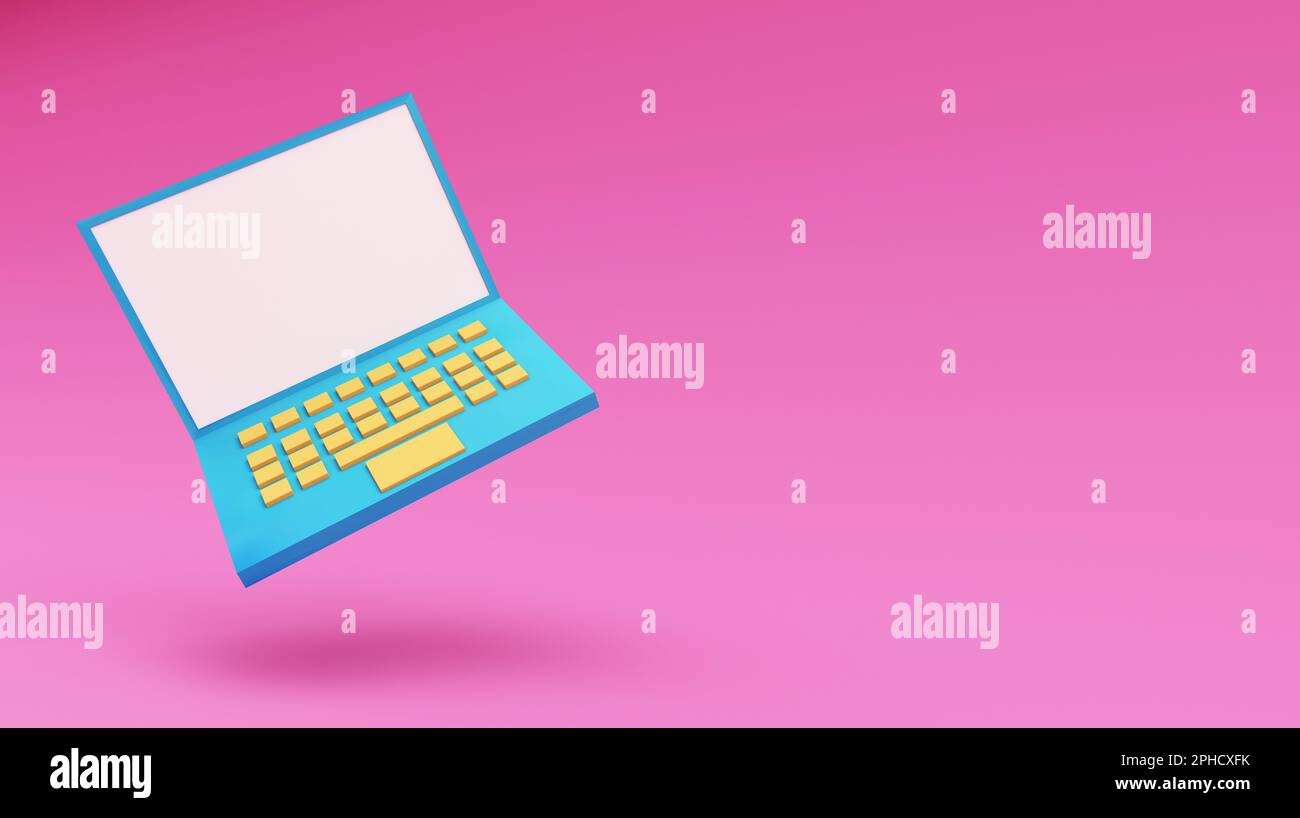 floating blue laptop notebook mock up with shadow. concept with pink ...