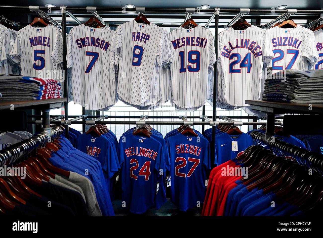 Chicago Cubs jersey's are sale at a Cubs store Monday, March 27, 2023, for  Thursday opening day baseball game between the Milwaukee Brewers and the  Cubs in Chicago. (AP Photo/Nam Y. Huh