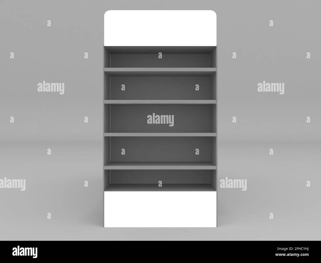 supermarket aisle with shelves and top and bottom empty posters display. 3d rendering illustration Stock Photo