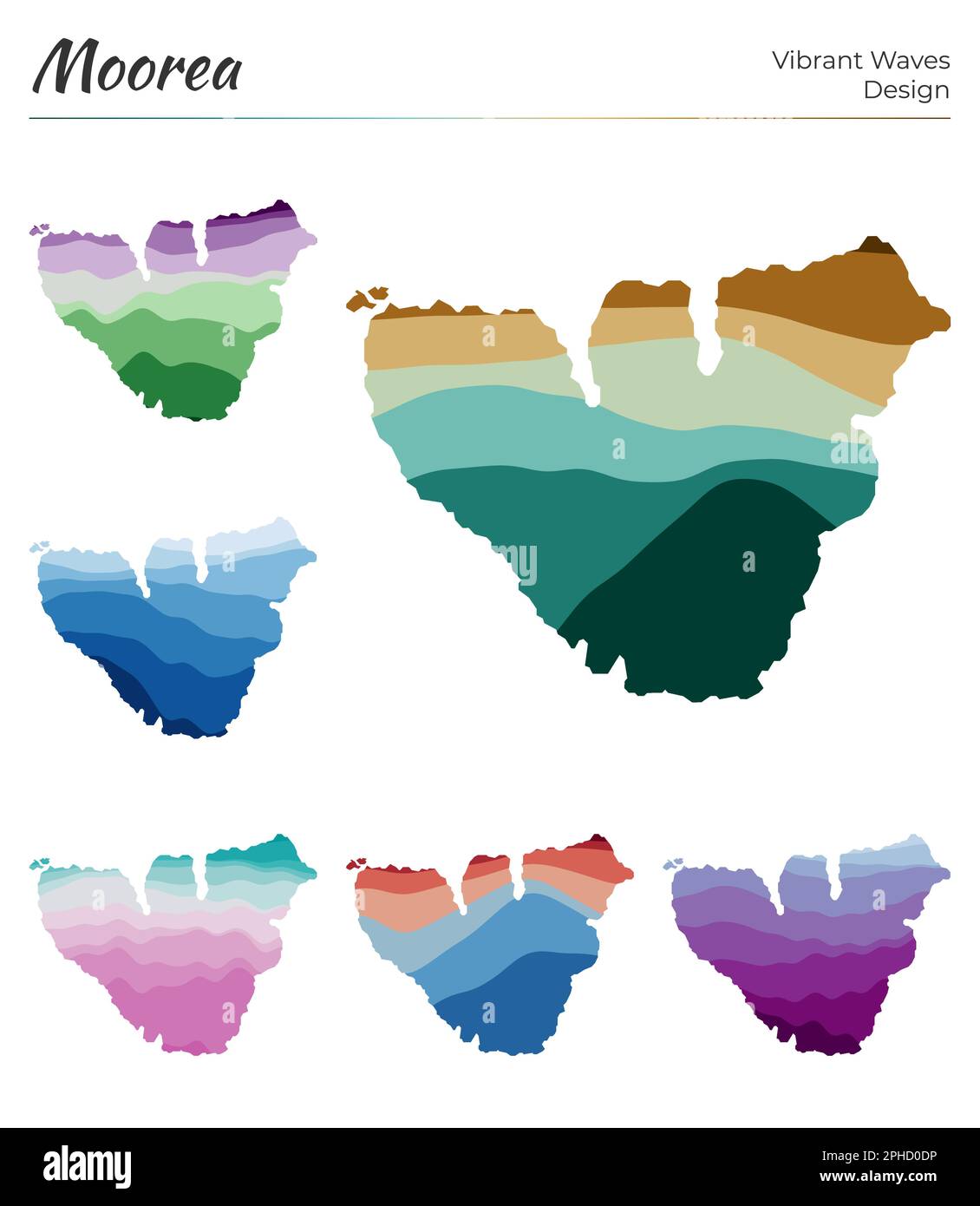 Set of vector maps of Moorea. Vibrant waves design. Bright map of ...