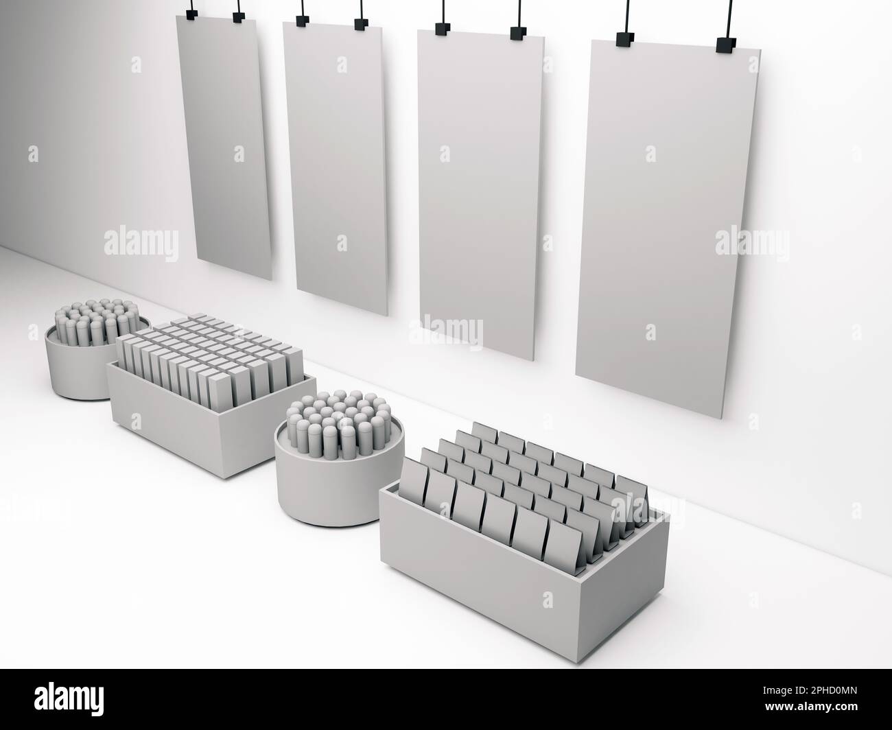 POS or Supermarket Display Mockup With White Hanging Banners. Container With Blank Products