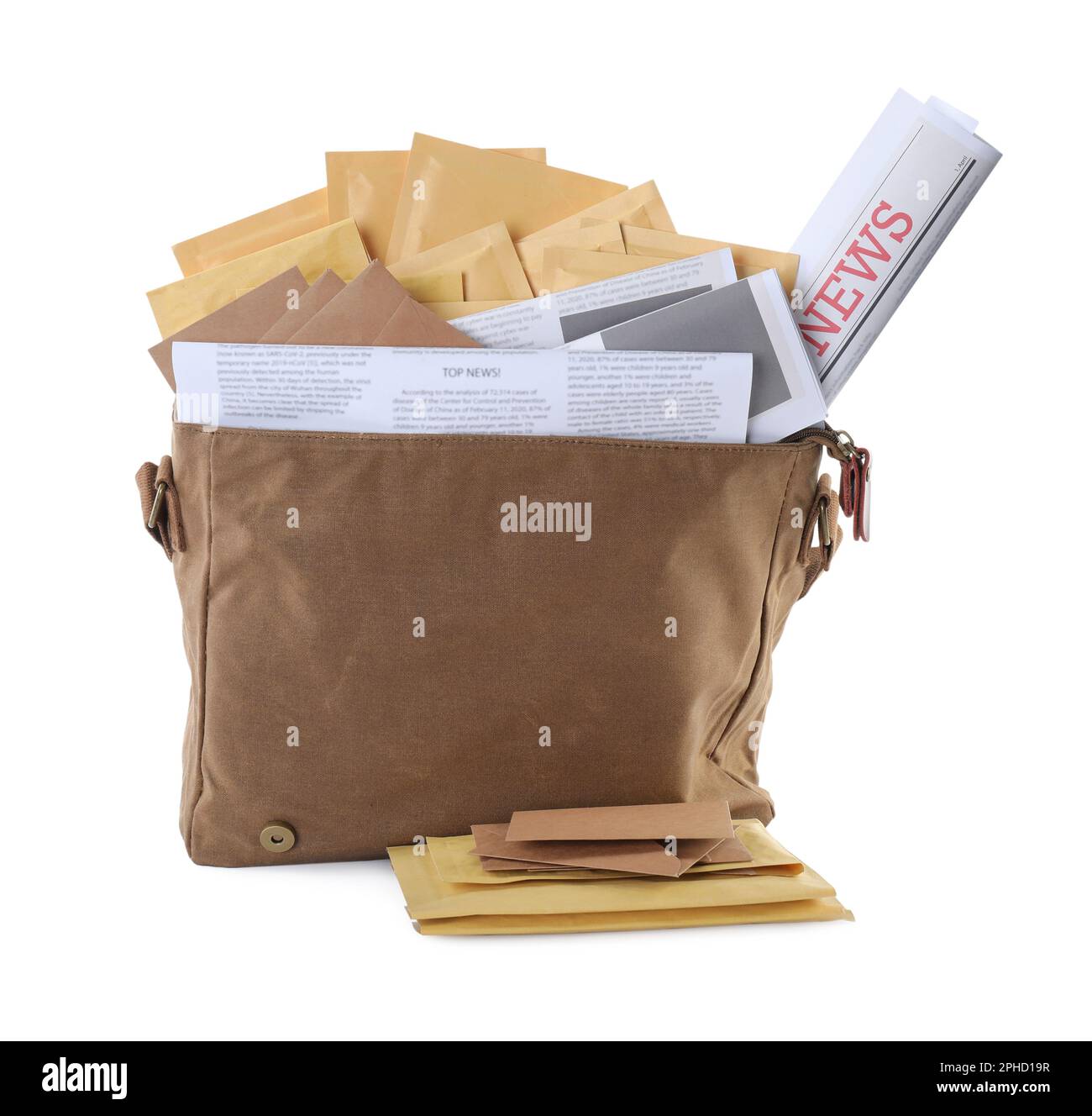 Brown postman's bag with envelopes and newspapers on white background Stock Photo
