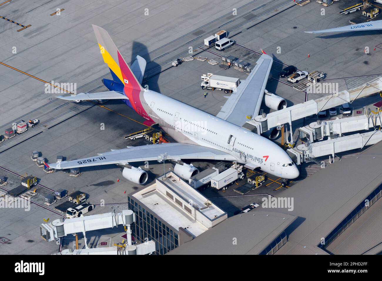Asiana Airlines Airbus A380 airplane parked seen from above. Aircraft A380-800 of Asiana Airlines registered as HL7625 aerial view. Stock Photo
