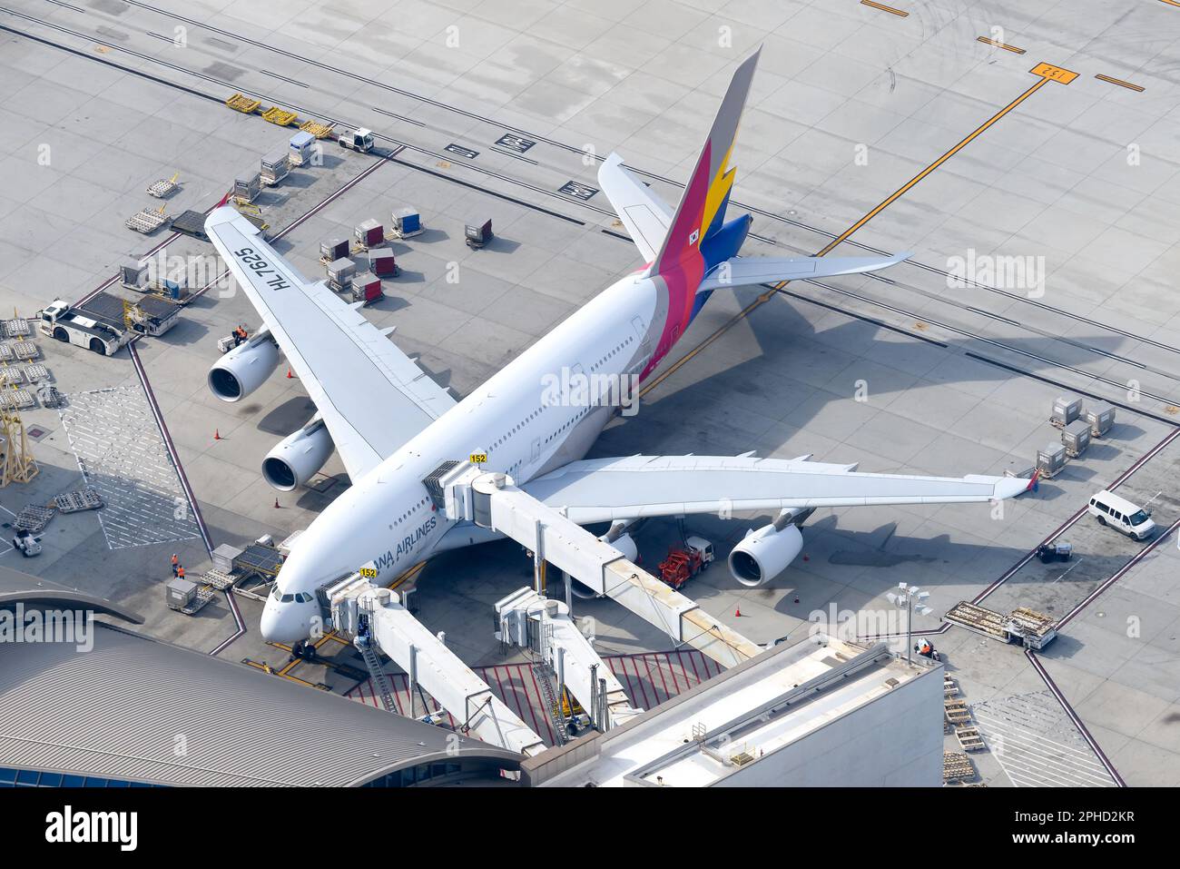 Asiana Airlines Airbus A380 airplane parked seen from above. Aircraft A380-800 of Asiana Airlines registered as HL7625 aerial view. Stock Photo