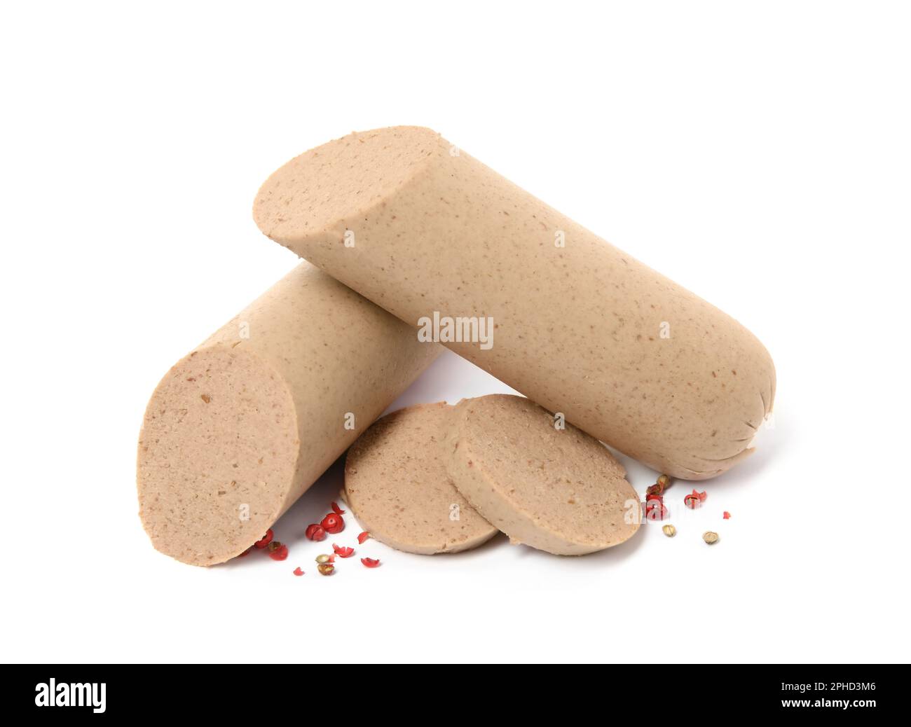 Delicious liverwurst with spices on white background Stock Photo Alamy