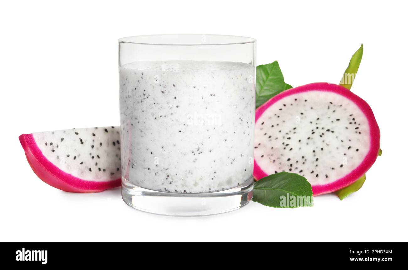 Glass of tasty pitahaya smoothie and fresh dragon fruits on white ...
