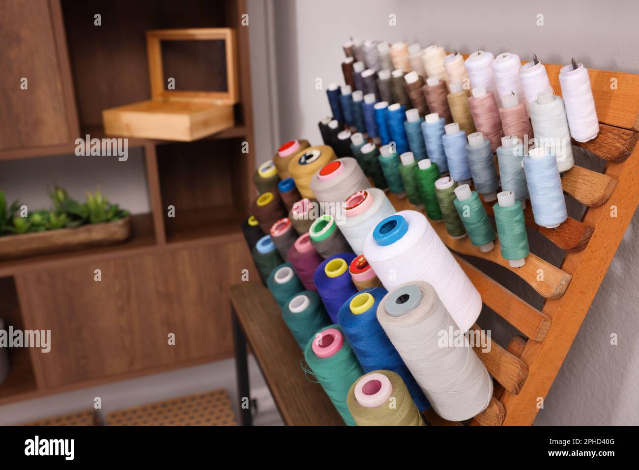 Set of colorful threads on stand in tailor studio. Space for text Stock ...