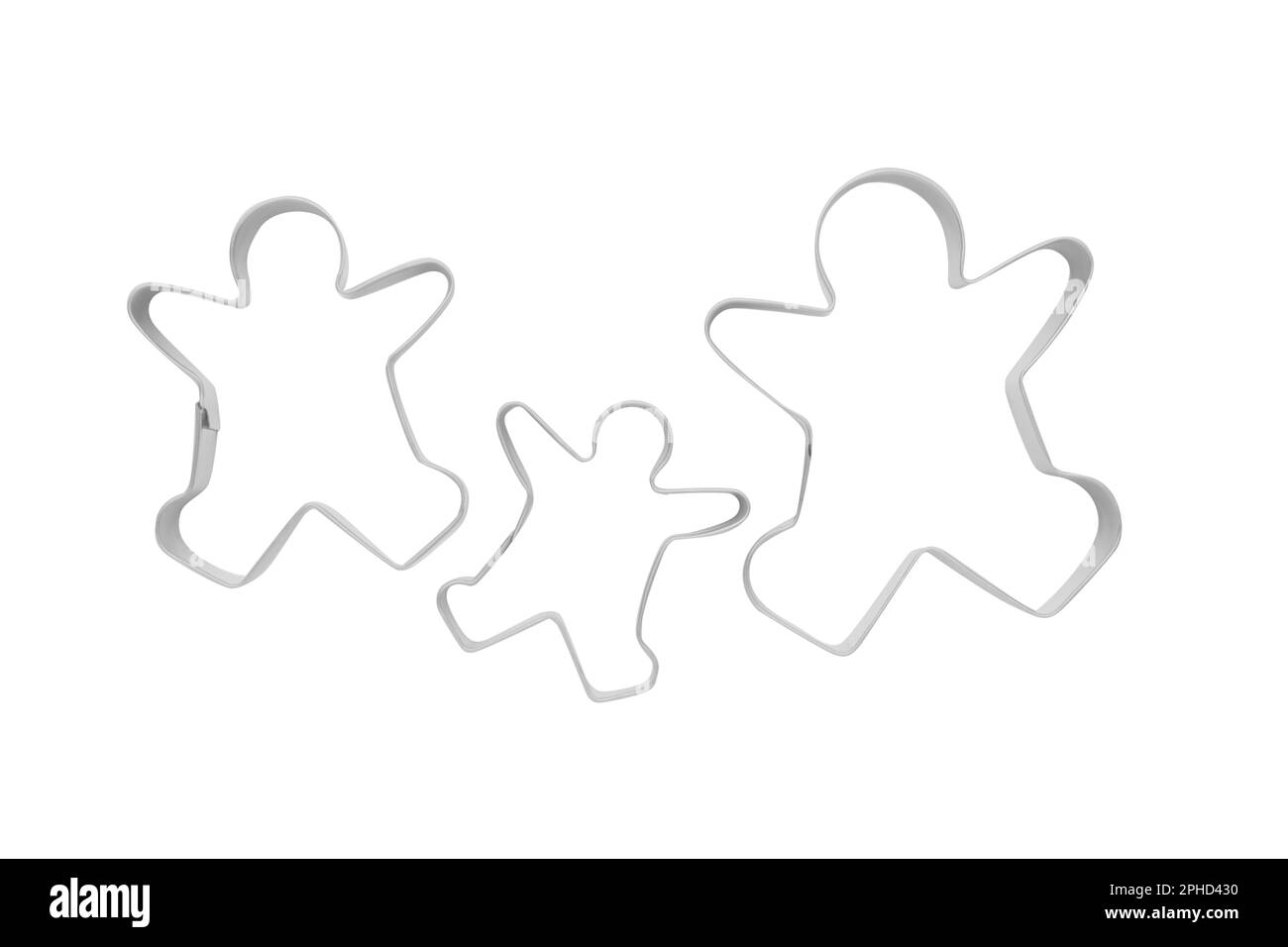 Gingerbread man cookie cutters on white background, top view Stock