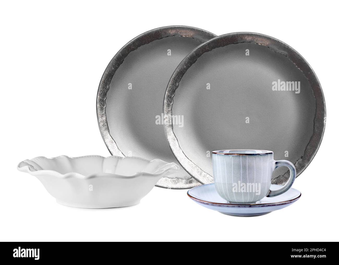 Set of beautiful elegant dinnerware on white background Stock Photo Alamy