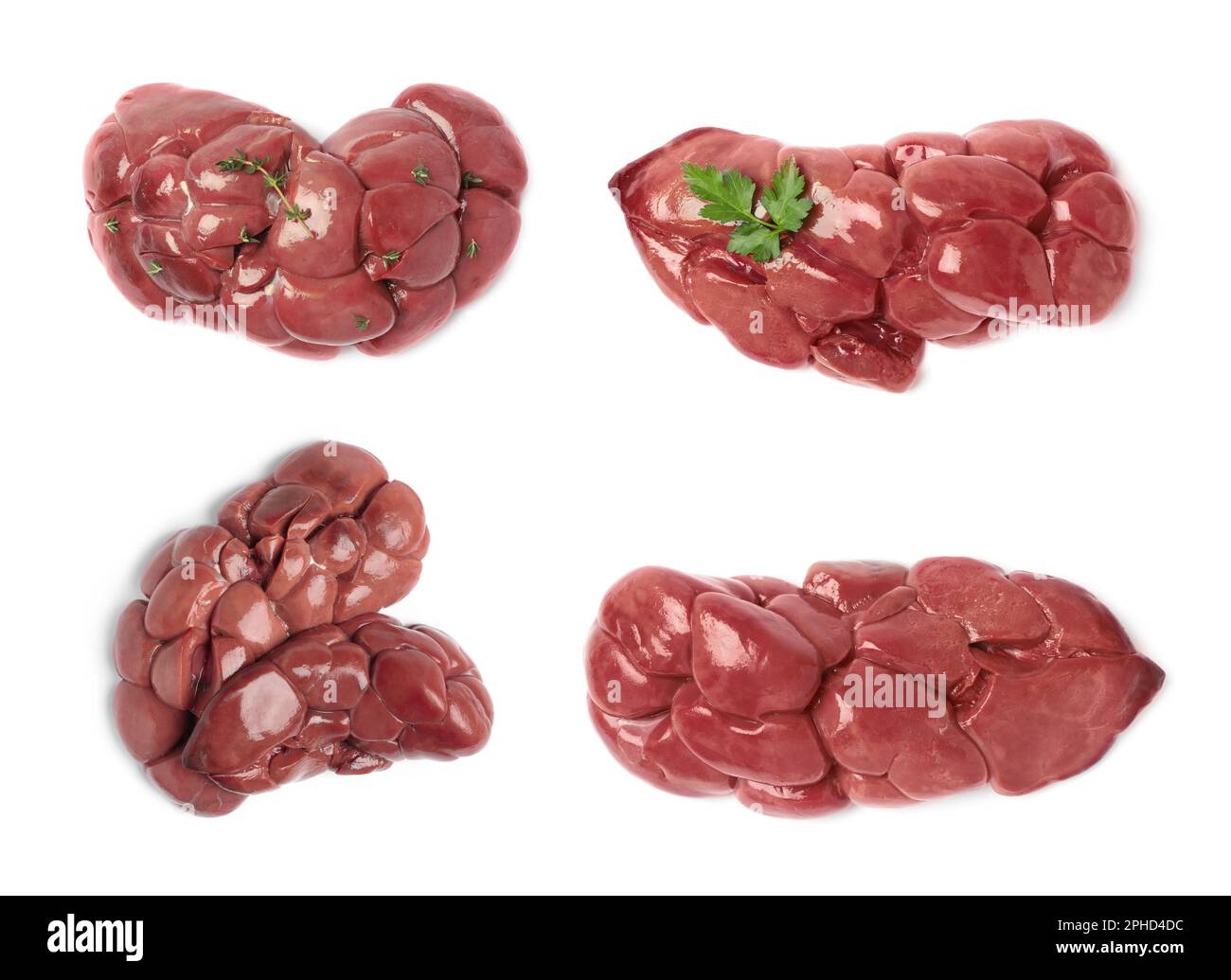 Set with fresh raw kidneys on white background, top view Stock Photo