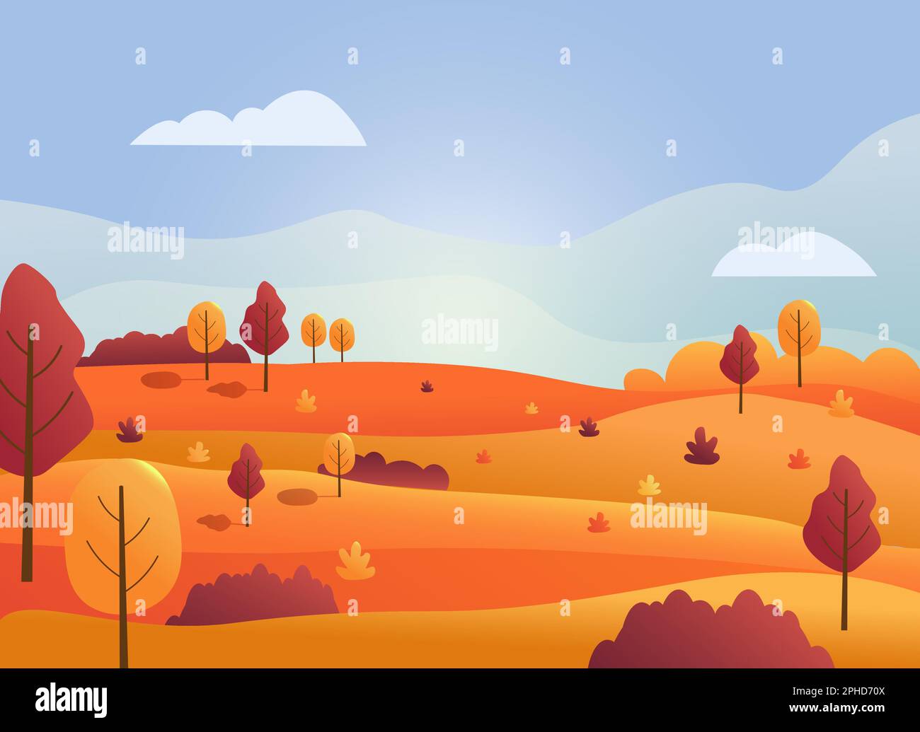 Landscape with autumn forest, hills and fields. Vector drawing in a