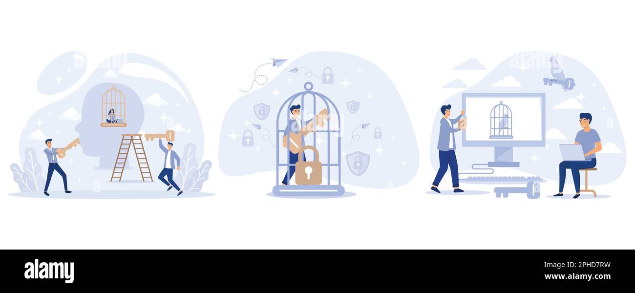 Freedom concept. Mind prison psychological. Inner prison. Tiny people step out of cage. Сomfort zone metaphor. Personal development, set flat vector m Stock Vector