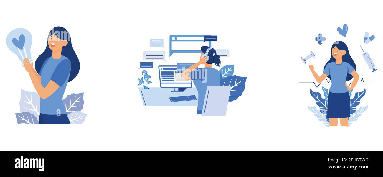 Business idea concept. Creative woman finding solution, support service, hotline. Operator in headset talking to customers, Happy healthy woman caring Stock Vector