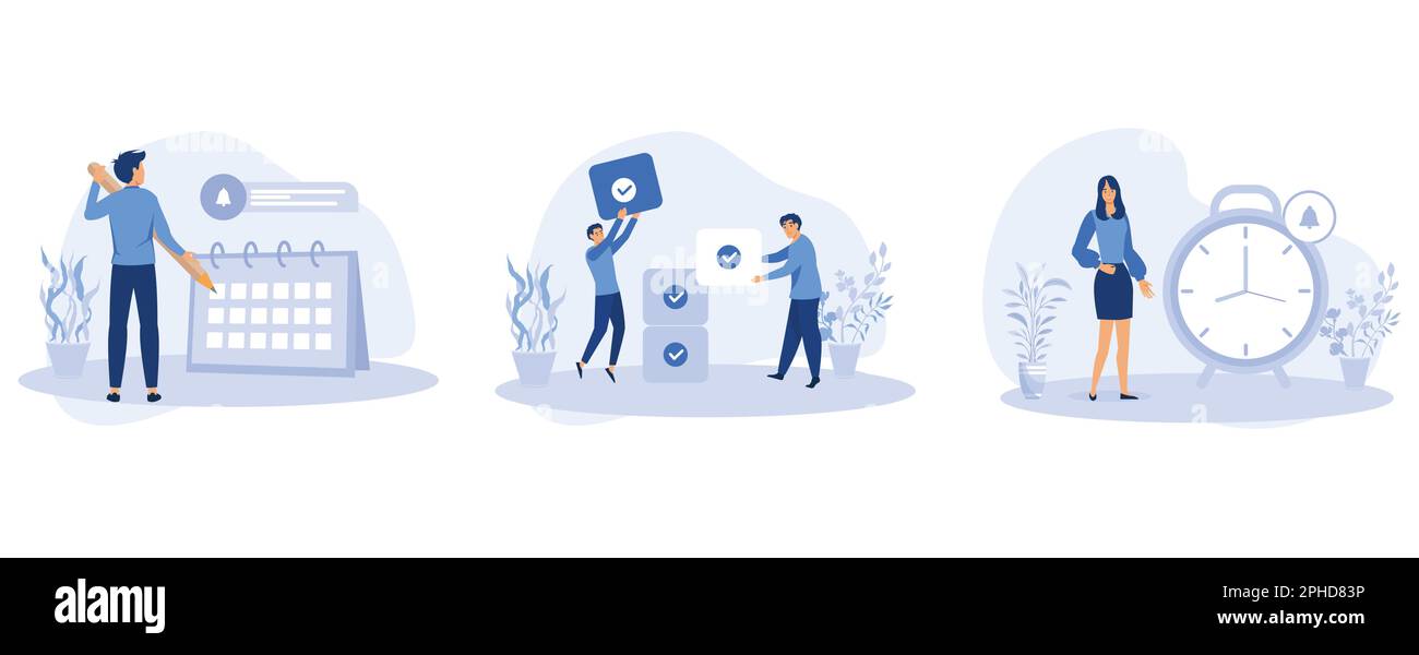 Business illustration set. Characters planning and organizing schedule