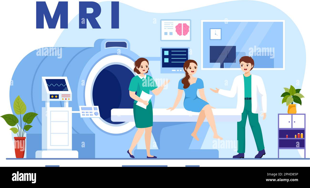 MRI or Magnetic Resonance Imaging Illustration with Doctor and Patient on Medical Examination and CT scan in Flat Cartoon Hand Drawn Templates Stock Vector