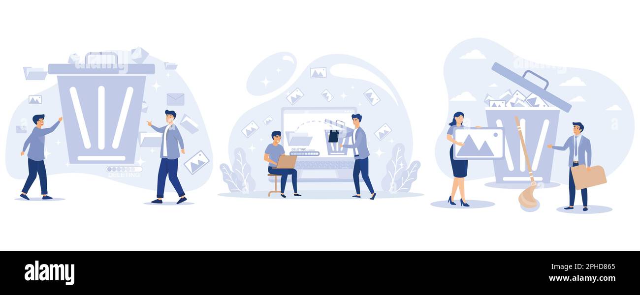 Delete concept. Tiny people deleting data and move unnecessary files to