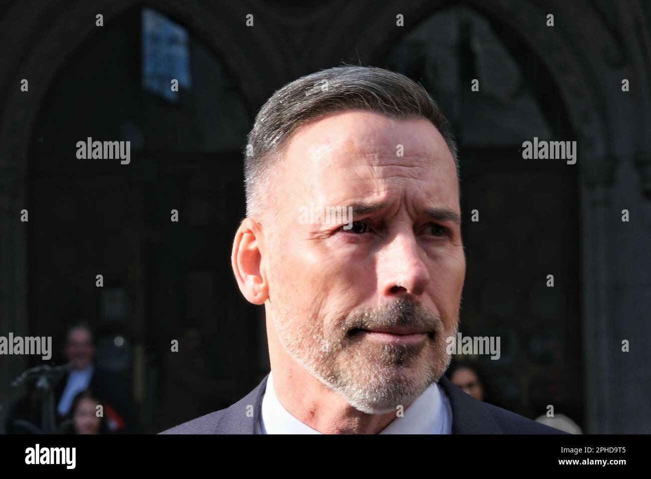 London, UK. 27th March, 2023. David Furnish, husband of Elton John, leaves the Royal Courts of Justice after the first day of a privacy violation hearing, where it is claimed phones were tapped and cars bugged, by the Mail and Mail on Sunday. Credit: Eleventh Hour Photography/Alamy Live News Stock Photo