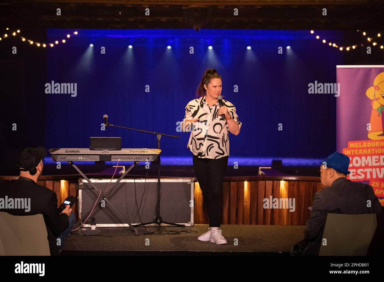 Melbourne, Australia, 28th March 2023. Comedian Mel Buttle entertains the crowd at the launch of