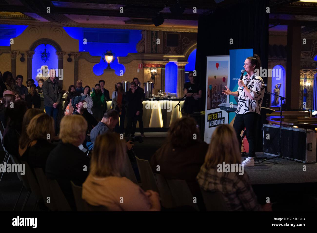 Melbourne, Australia, 28th March 2023. Comedian Mel Buttle entertains the crowd at the launch of
