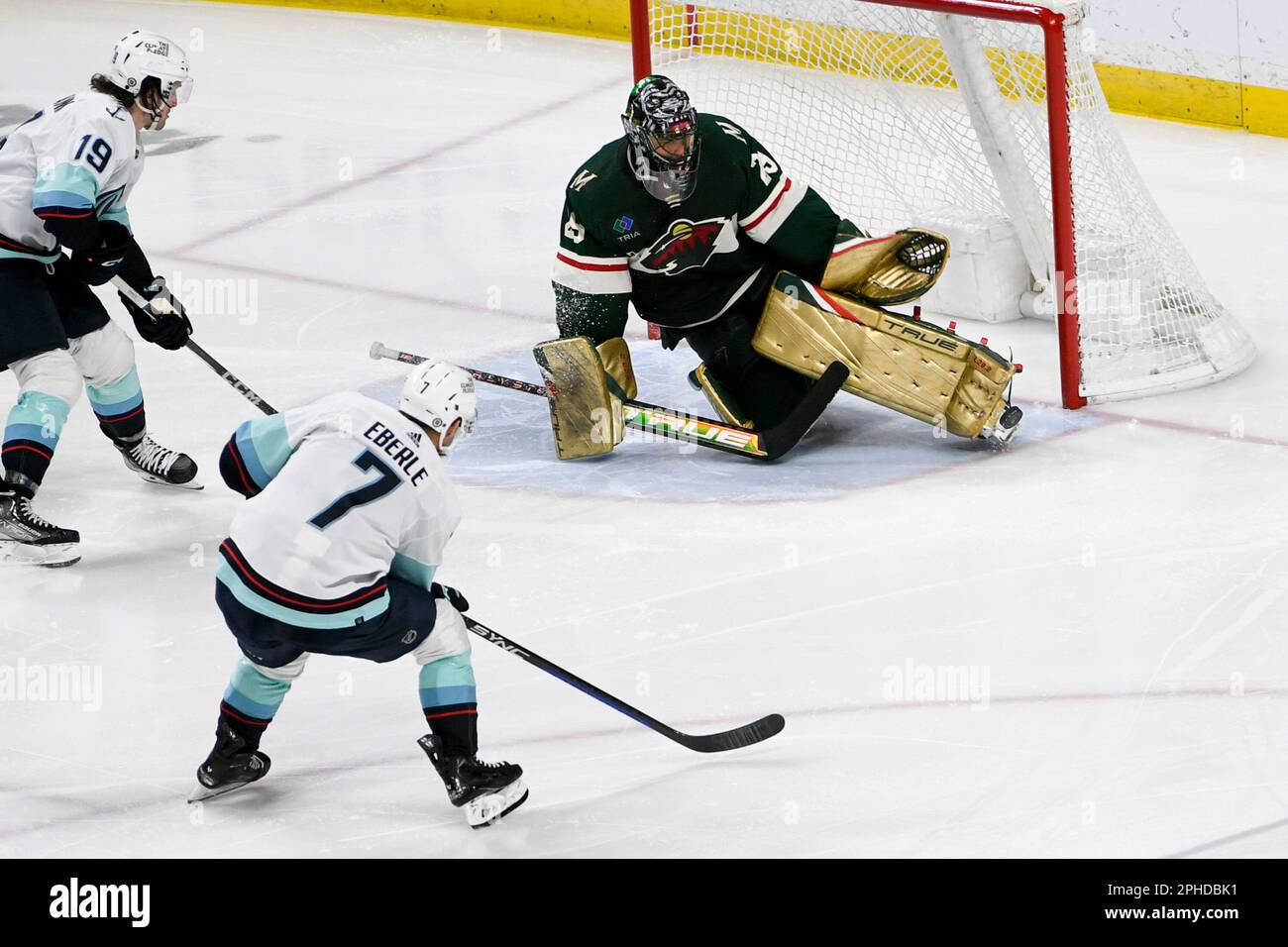 Minnesota Wild goalie MarcAndre Fleury, right, stops a shot by Seattle