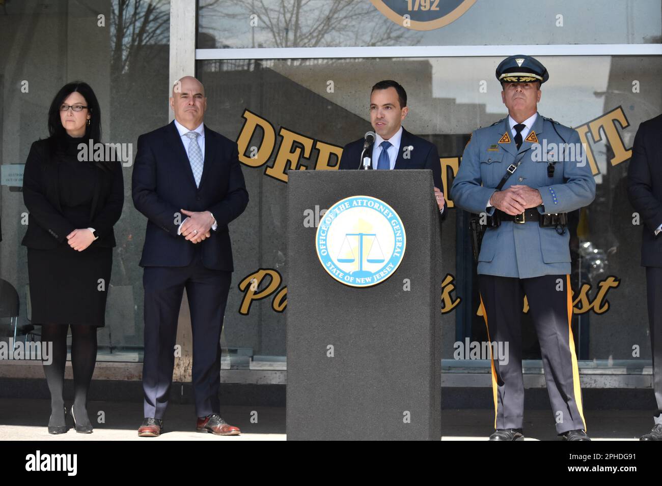 Acting Attorney General of New Jersey Matt Platkin delivers remarks. Attorney General Matthew J. Platkin held a press conference in Paterson. Attorney General Matthew J. Platkin announced that his office is superseding the Paterson Police Department, and assuming control of all police functions, including internal affairs investigations, effective immediately. Isa Abbassi, a twenty-five-year veteran of the New York City Police Department (NYPD) and its current Chief of Strategic Initiatives, will become the Officer-in-Charge of the Paterson Police Department in May, having been appointed to th Stock Photo