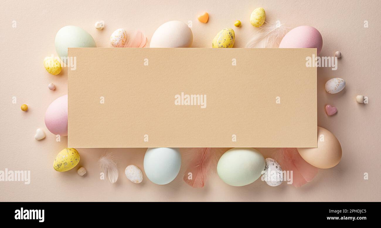 Easter eggs on a beige background with a blank copy space for Easter Stock Photo