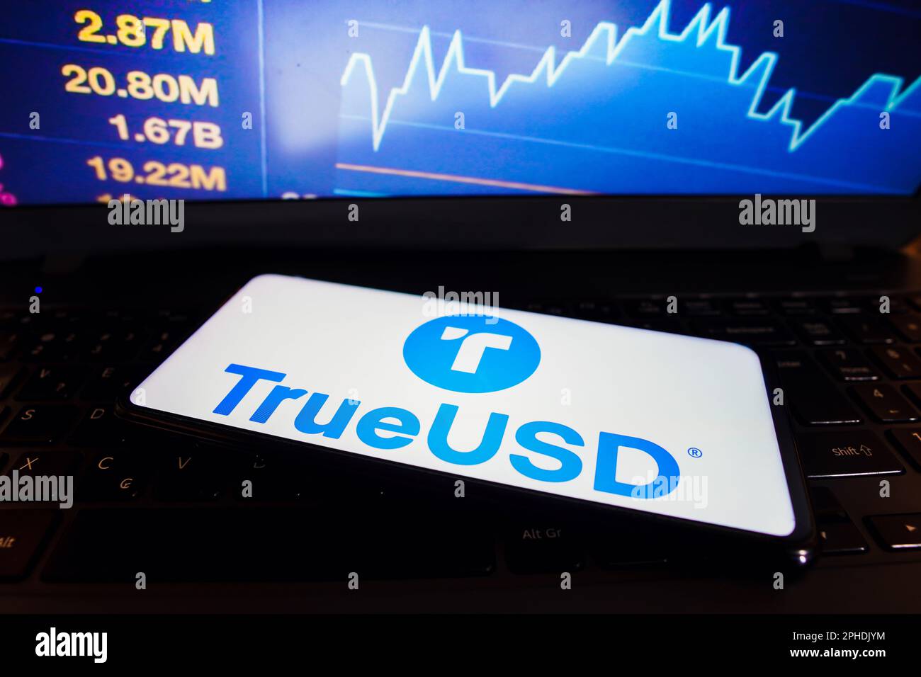 Brazil. 27th Mar, 2023. In this photo illustration, the TrueUSD (TUSD) logo is displayed on a smartphone screen. Credit: SOPA Images Limited/Alamy Live News Stock Photo