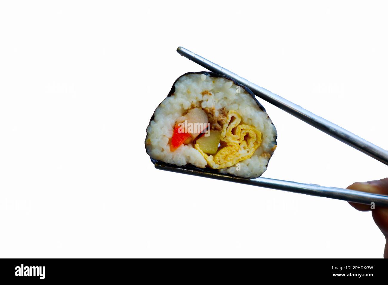 kimbap or gimbap is Korean roll Gimbap(kimbob) made from steamed white rice (bap) and various other ingredients, kimbab and chopstick Stock Photo