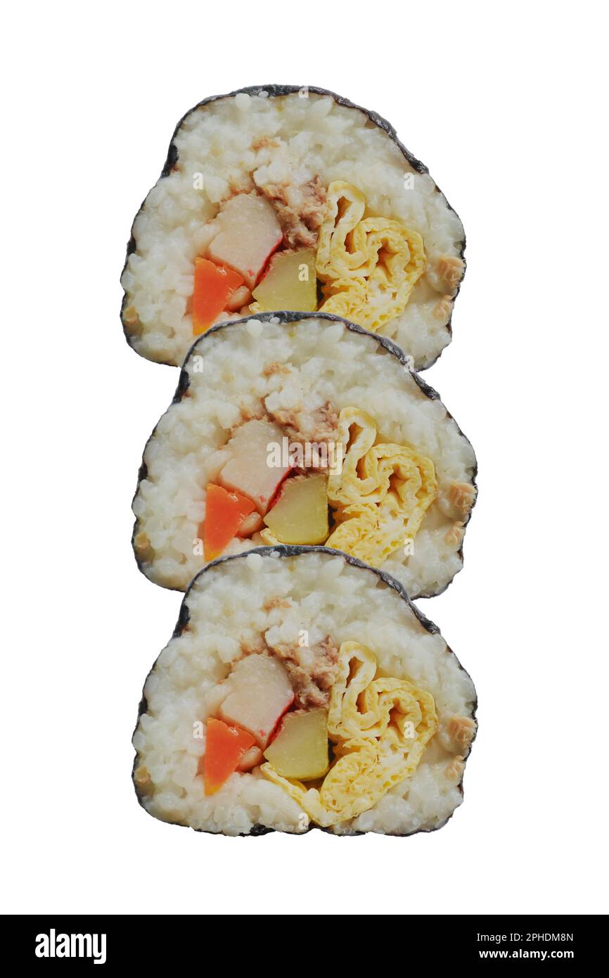 kimbap or gimbap is Korean roll Gimbap(kimbob) made from steamed white rice (bap) and various other ingredients, this food from south korea Stock Photo