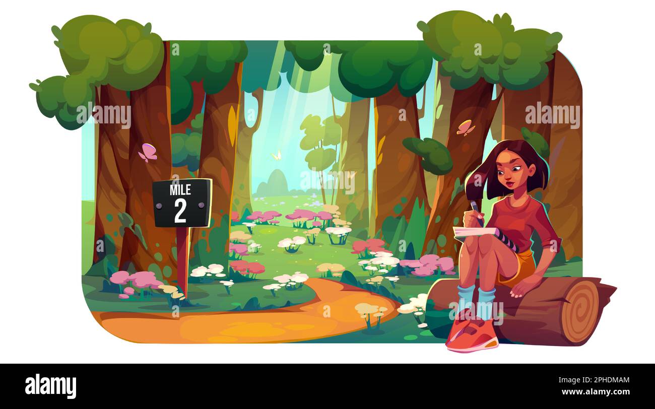 Teen girl write diary in deep forest background. Woman teenager character holding journal in park near tree vector illustration. Student learning homework outdoor. Grass, butterfly and spring scenery. Stock Vector