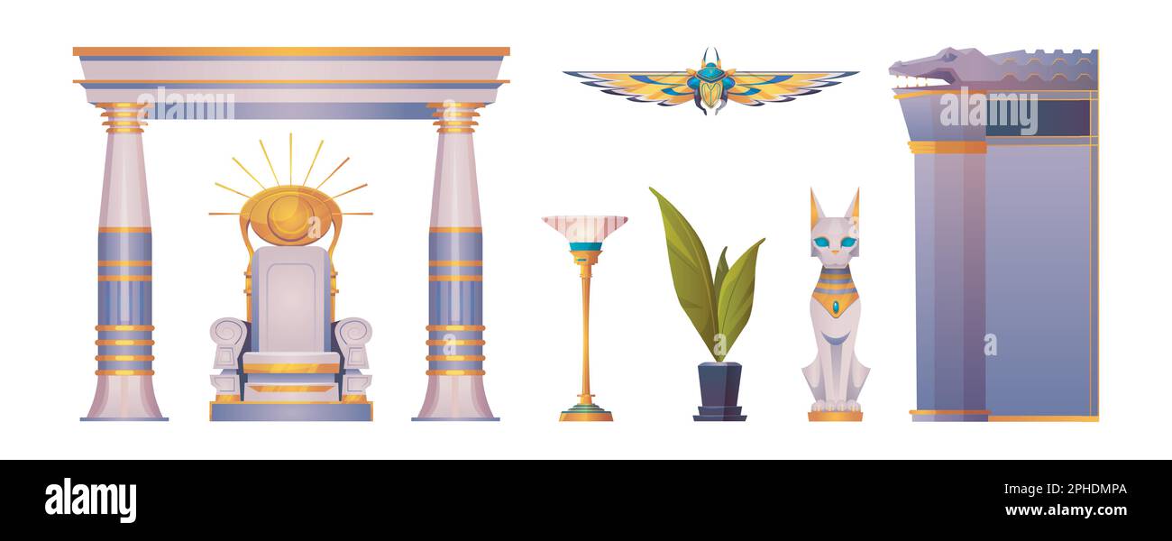 Ancient throne of egypt pharaoh for god temple cartoon vector set. Egyptian indoor column symmetry and crocodile wall construction. Cat sculpture, sit place with gold eye and torch symbol collection. Stock Vector