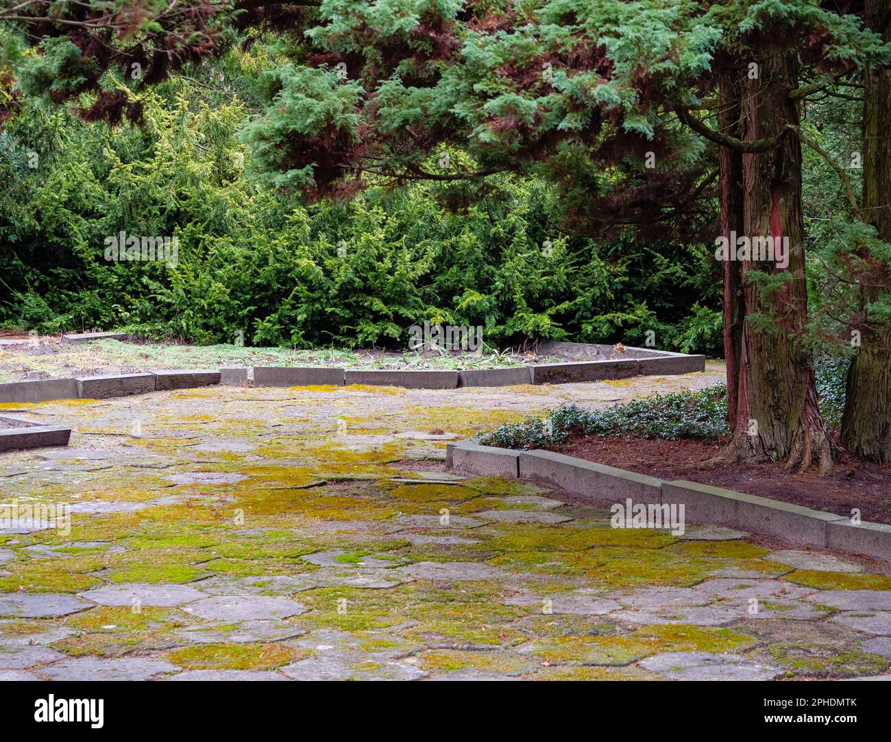 A rest area made of old concrete slabs inside a beautiful park Stock ...