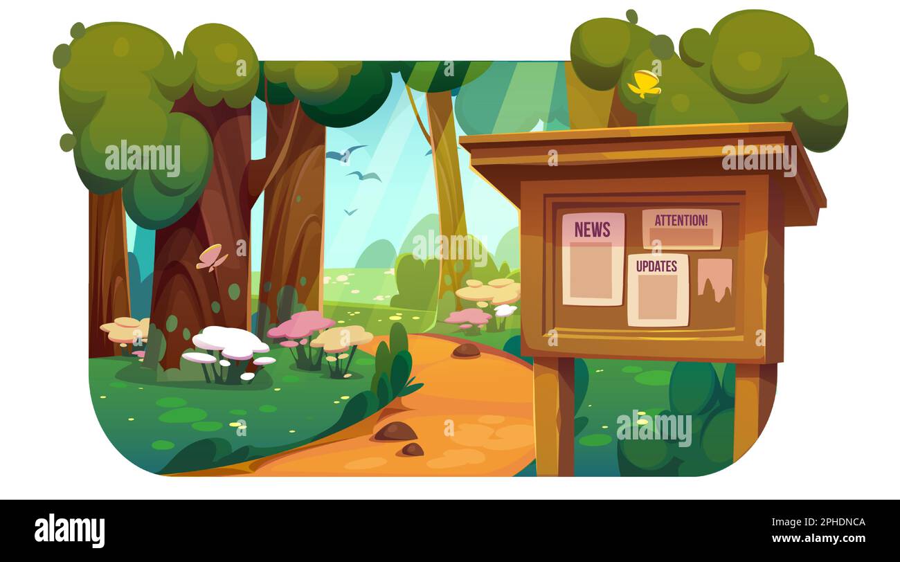 Cartoon summer park with announcement board. Vector illustration of beautiful public garden with footpath between trees, green grass, blooming flowers, butterflies and birds flying. Web banner design Stock Vector