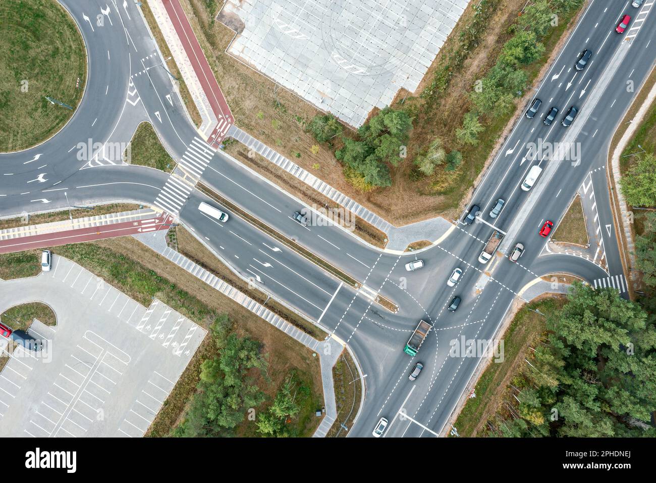 aerial photo of a roundabout with road intersection in suburb area Stock Photo