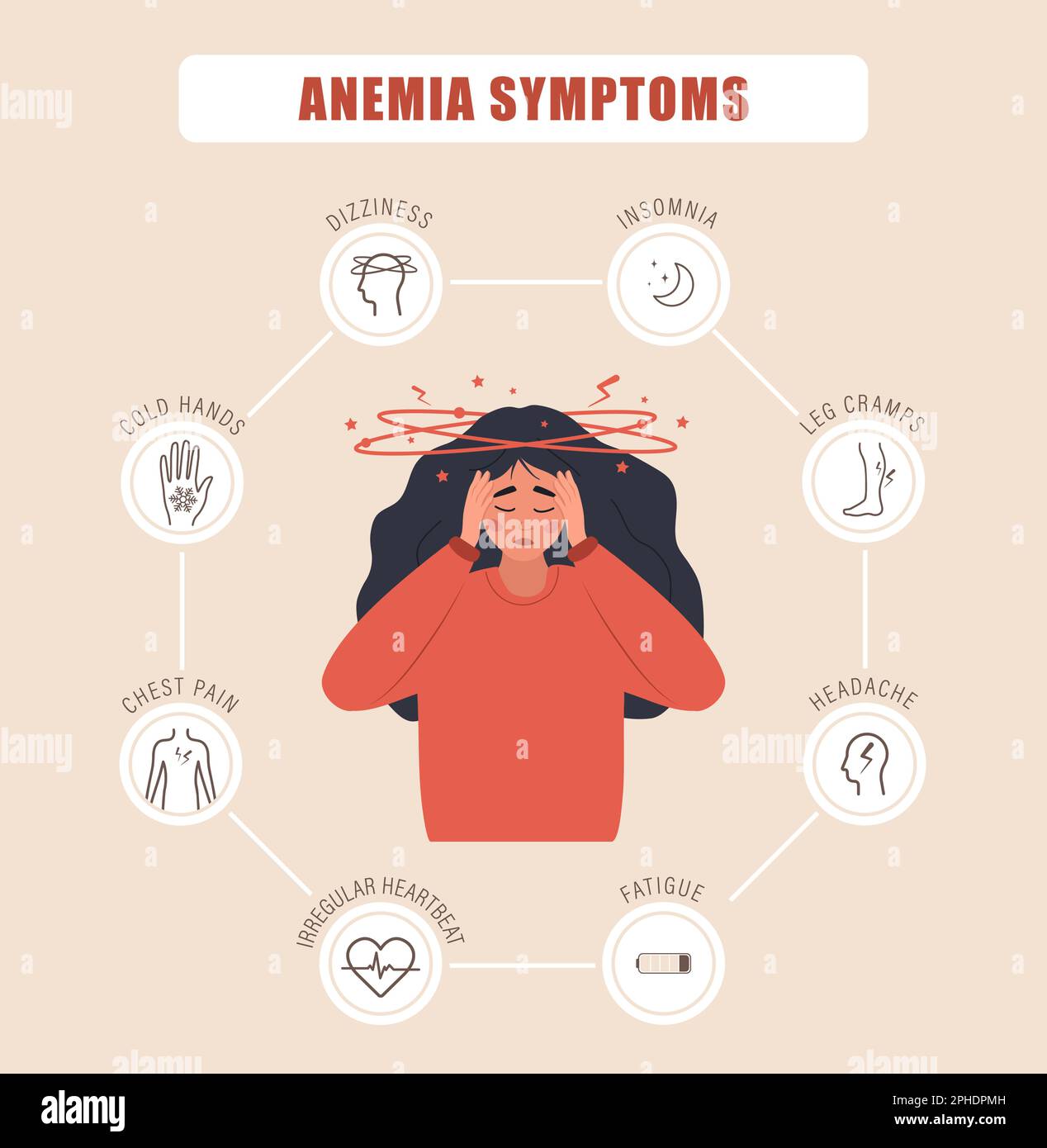 Anemia symptoms. Unhappy girl suffers from vertigo. Headache, fatigue