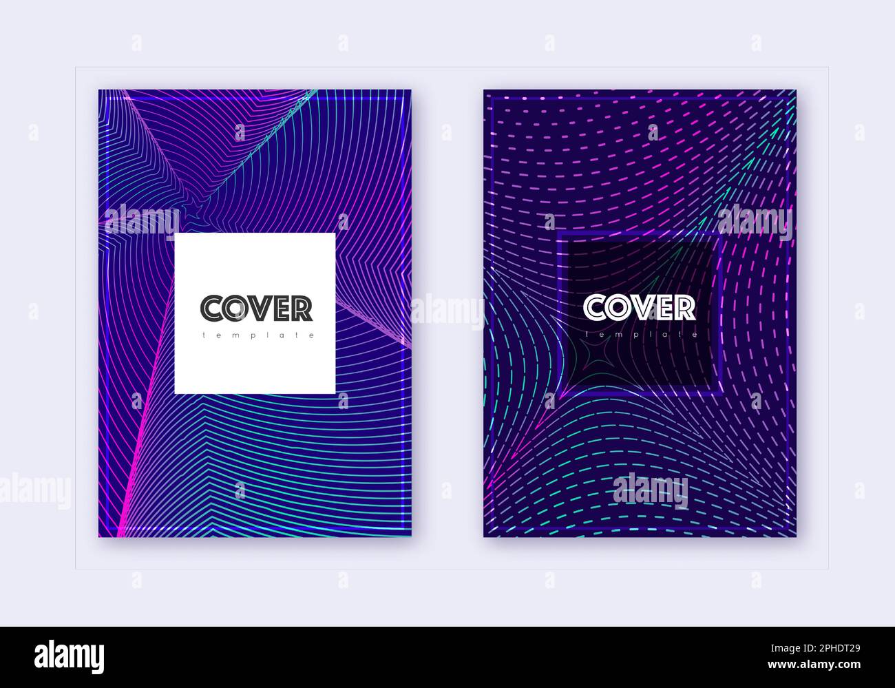 Hipster cover design template set. Neon abstract lines on dark blue