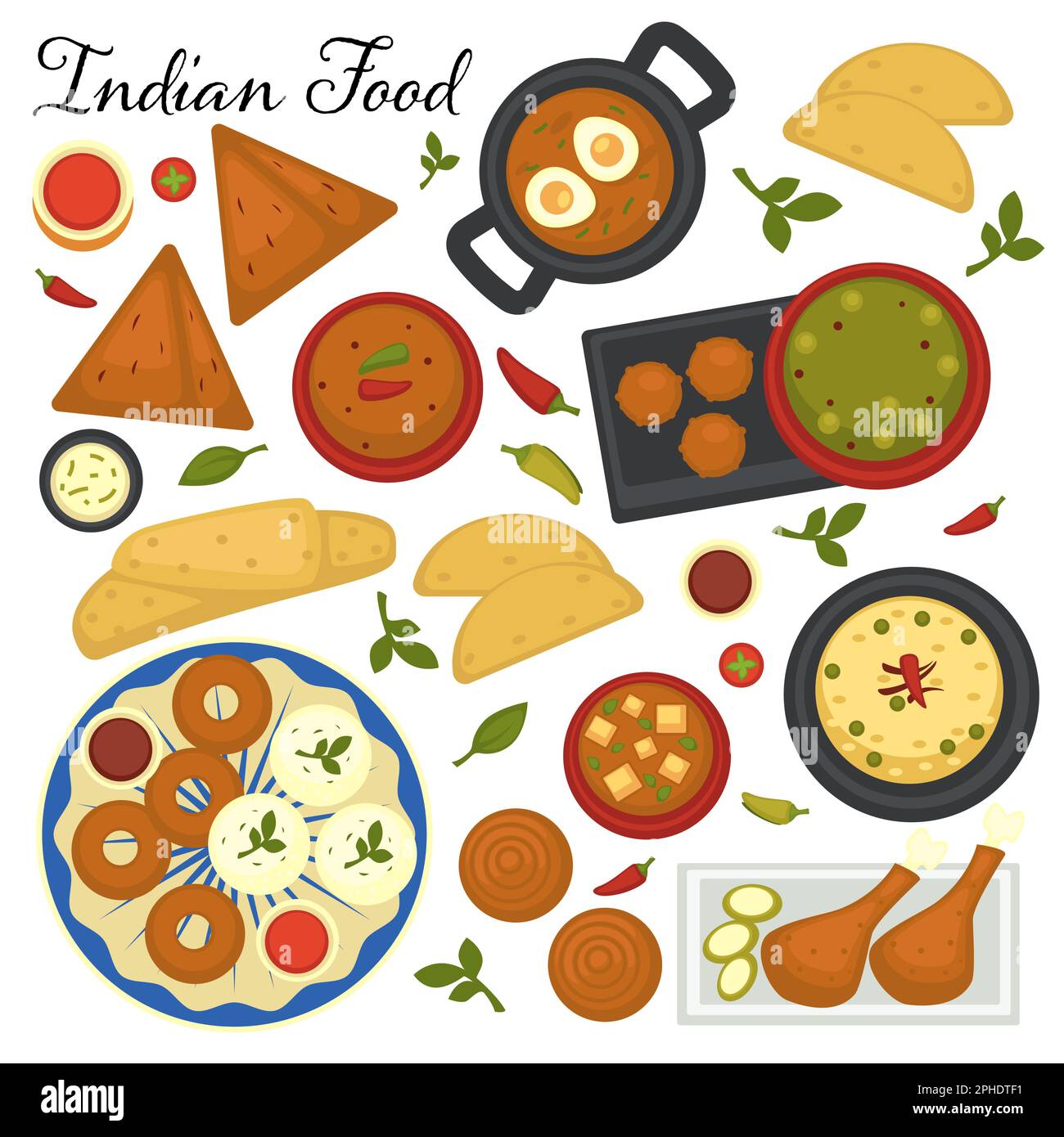 Indian cuisine menu, collection of dishes of India. Soups and tandoori, spicy snacks vector in