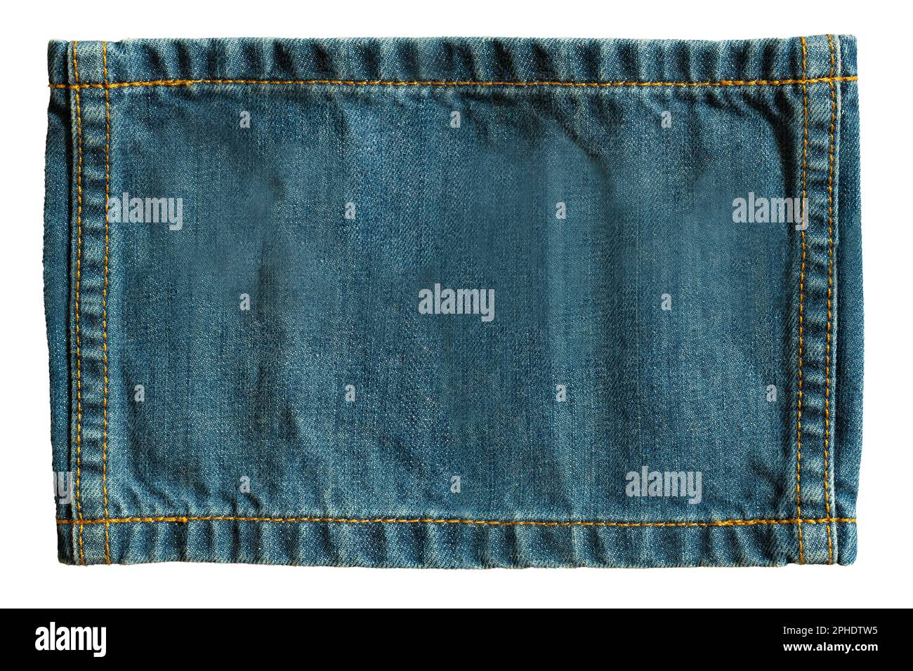 A piece of rectangular Denim cloth with stitch on white background with clipping path Stock Photo