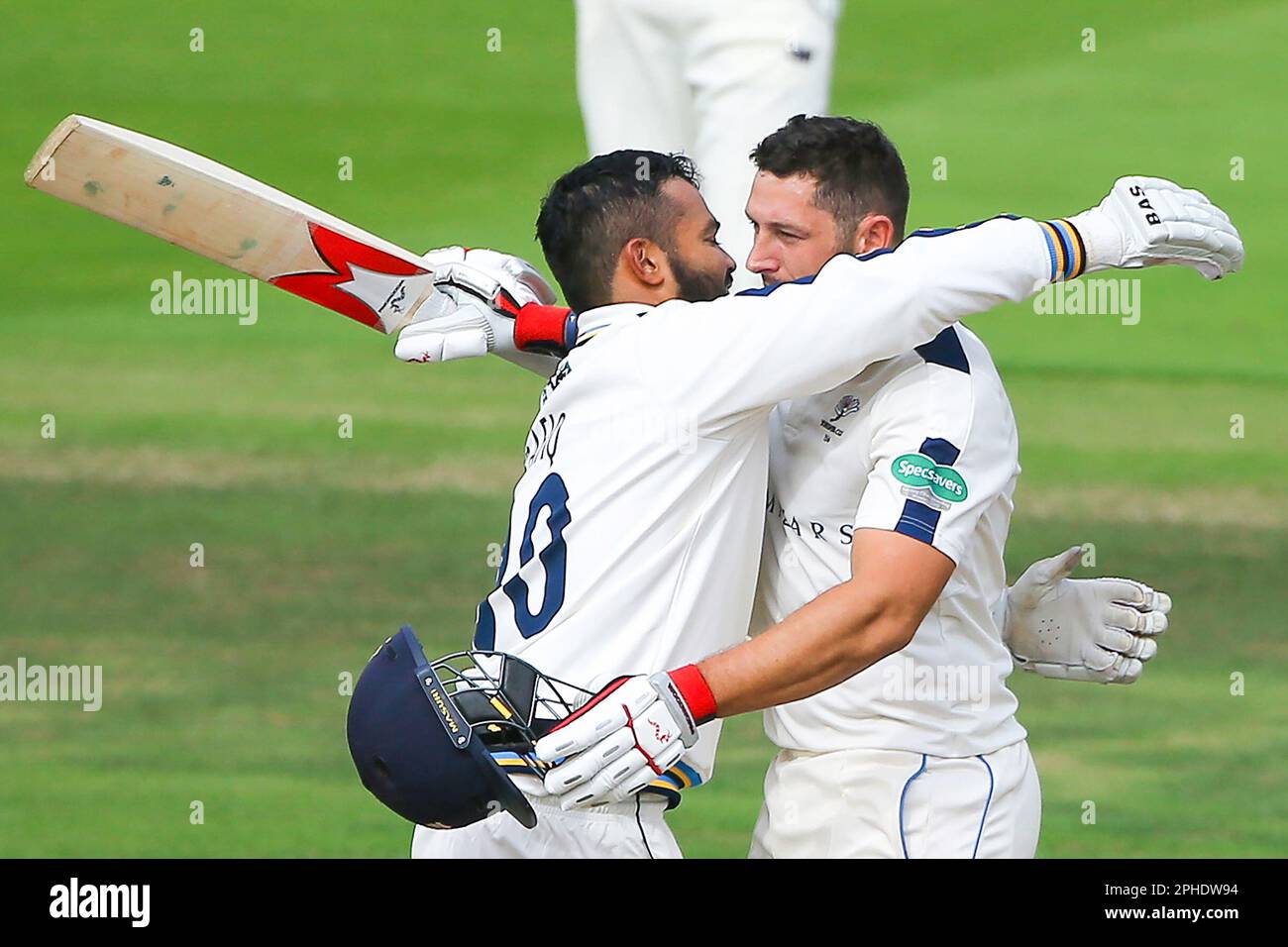 FILE PICS. Picture by Alex Whitehead/SWpix.com - 22/09/2016 - Cricket - Specsavers County Championship Division 1 - Middlesex CCC v Yorkshire CCC, Day 3 - Lord's Cricket Ground, London, England - Yorkshire's Tim Bresnan (R) celebrates his century with Azeem Rafiq (L). Stock Photo