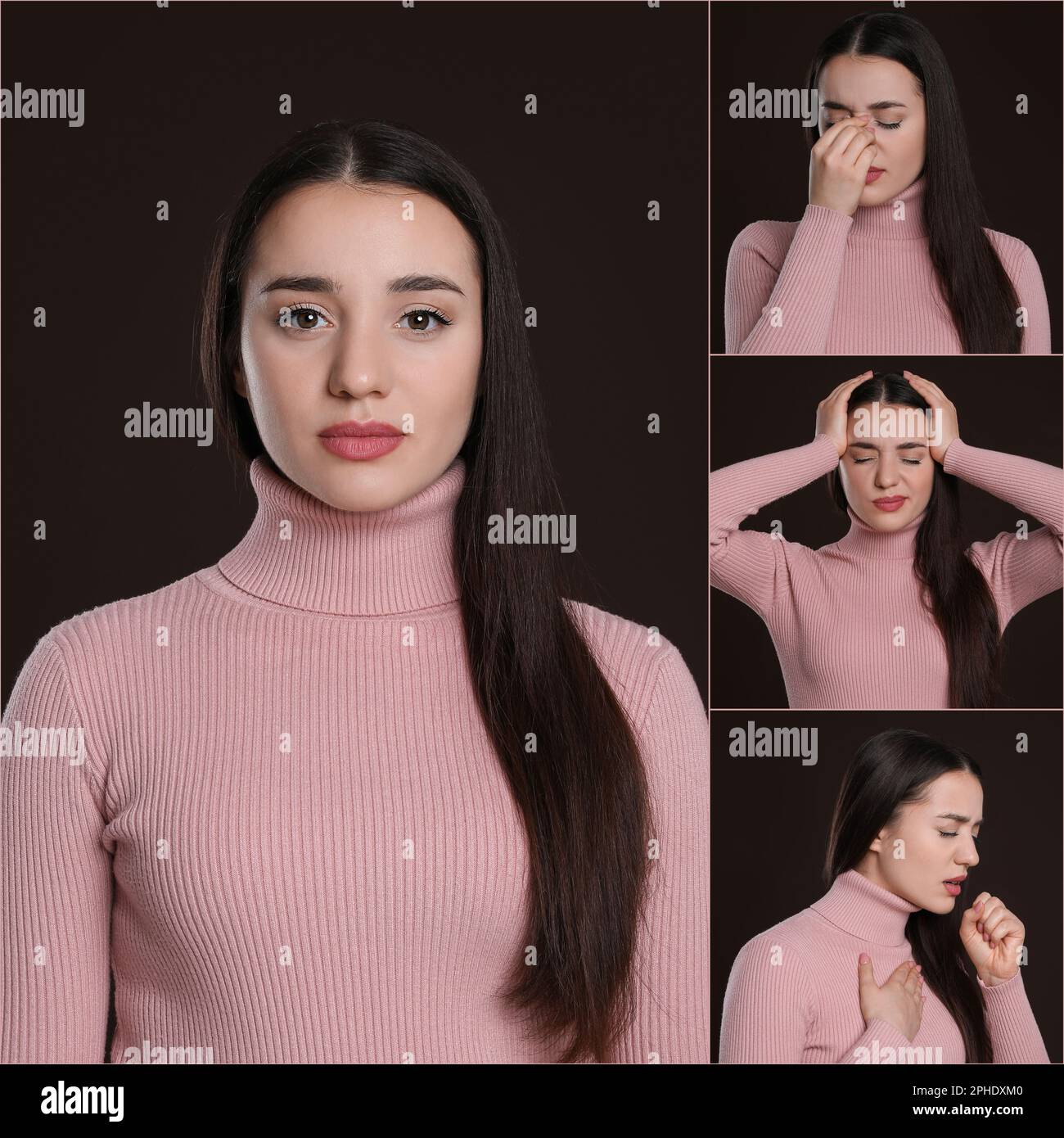 Collage with photos of woman with cold symptoms on brown background Stock Photo Alamy