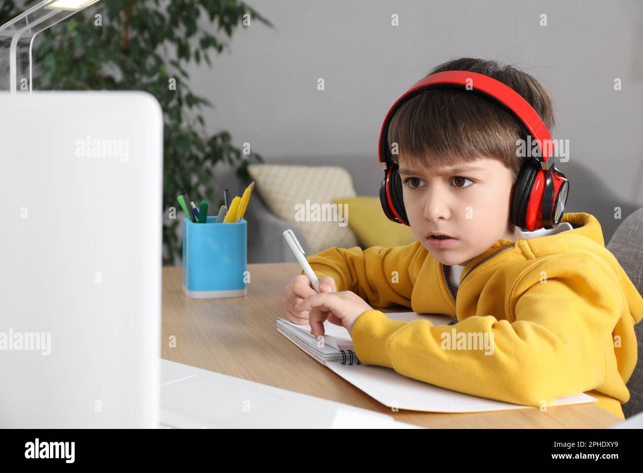 Cute little boy with modern laptop studying online at home. E-learning ...