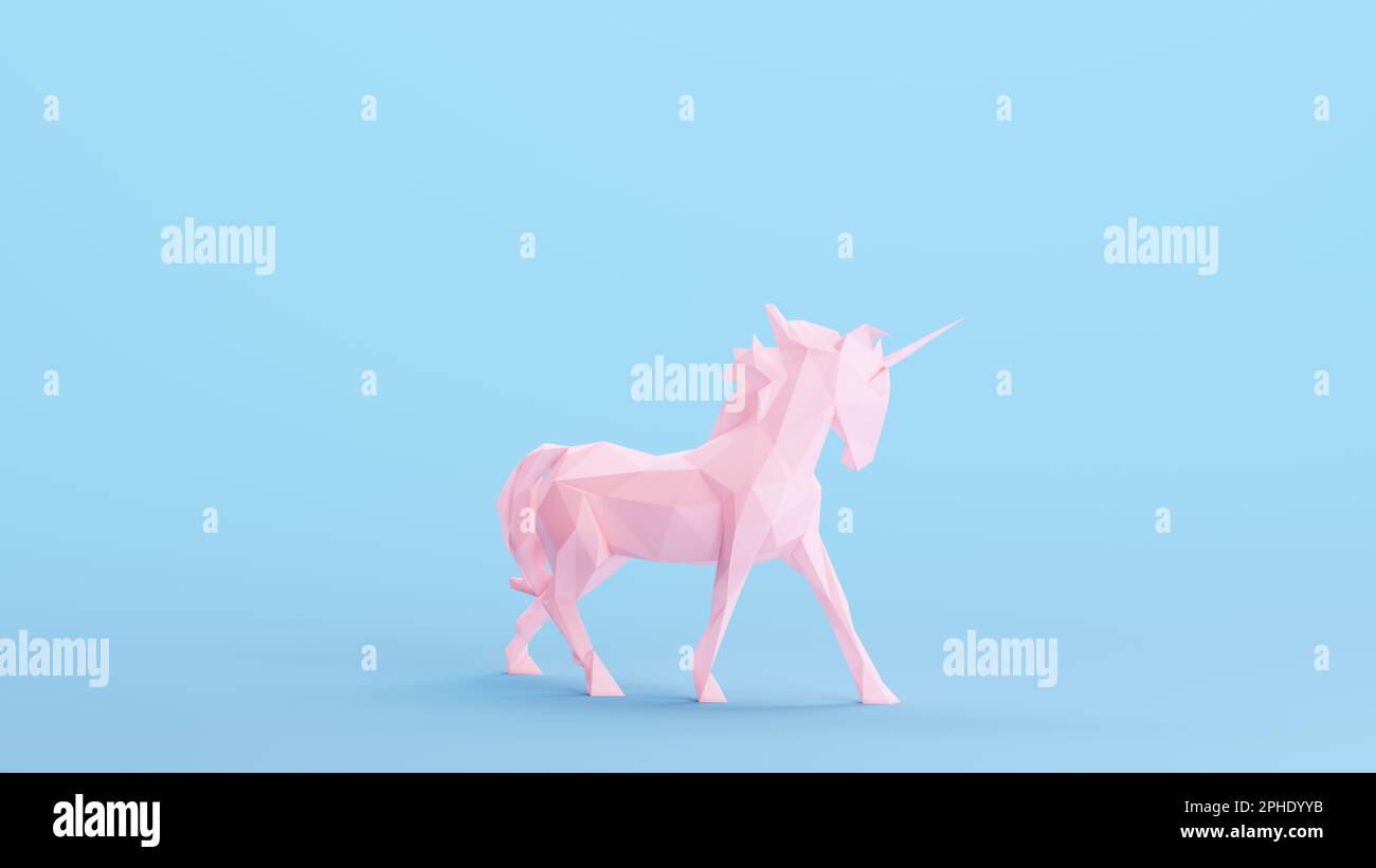 Pink Unicorn Mythical Fairy Tale Magical Fantasy Creature Kitsch Blue Background Right Side 3d illustration render digital rendering Stock Photo