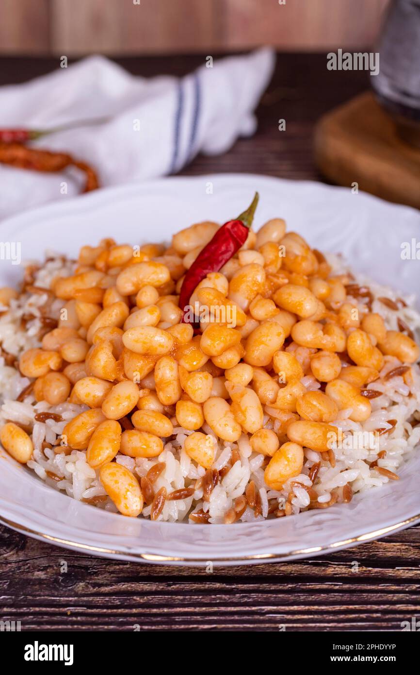 Dry bean pilaf. Traditional Turkish cuisine. Turkish dry beans and rice
