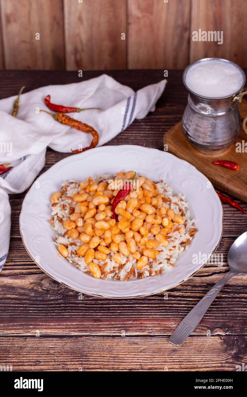 Dry bean pilaf. Traditional Turkish cuisine. Turkish dry beans and rice