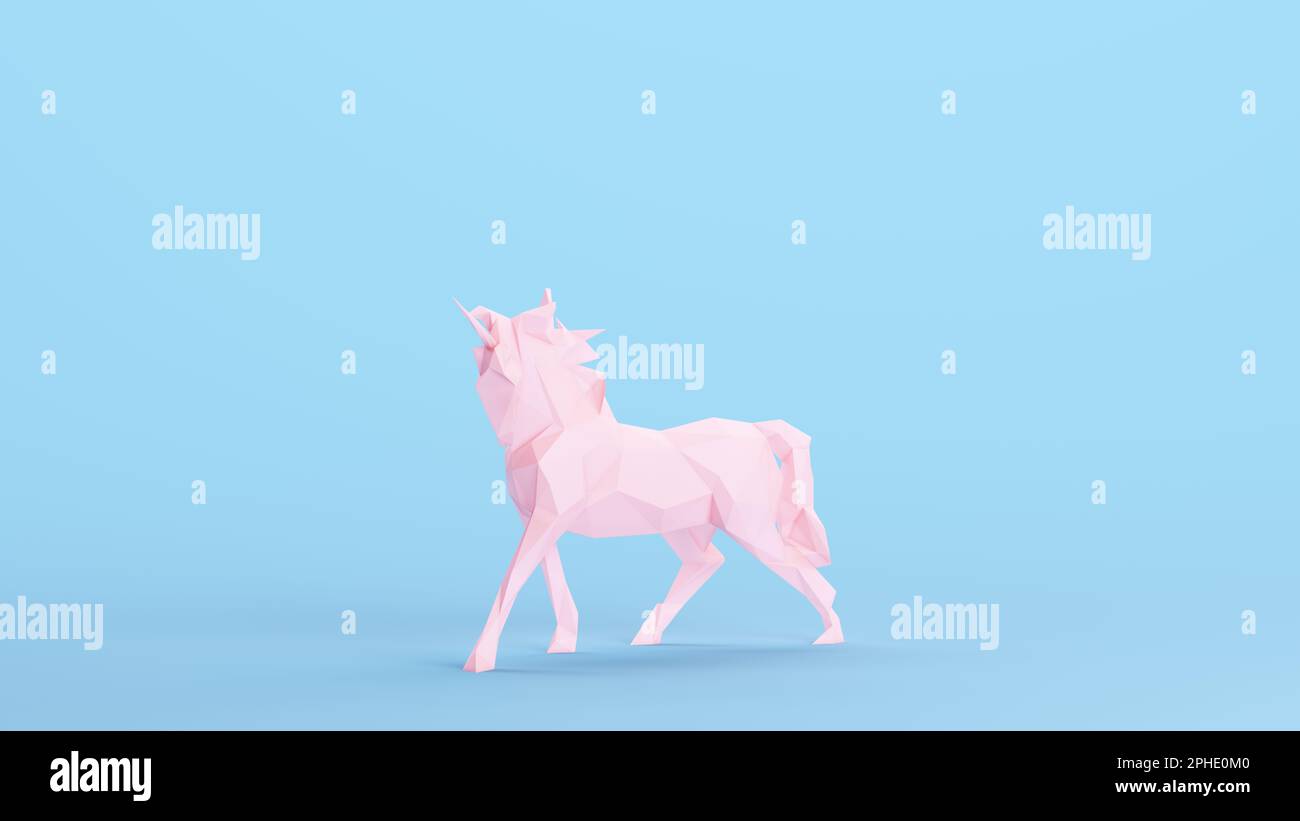 Pink Unicorn Mythical Fairy Tale Magical Fantasy Creature Kitsch Blue Background Left Side 3d illustration render digital rendering Stock Photo