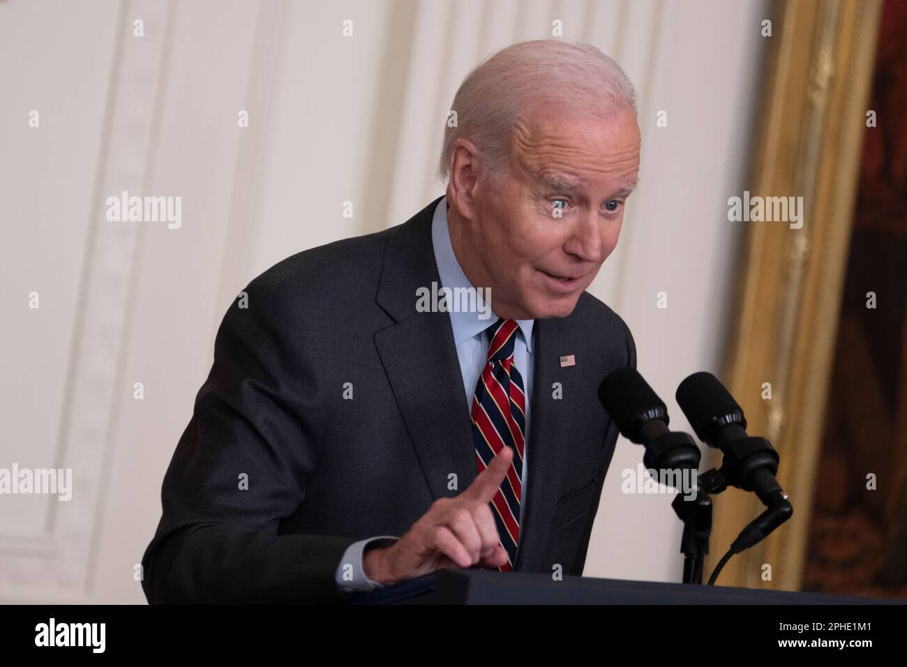 Washington, DC. 27th Mar, 2023. United States President Joe Biden speaks at the SBA Womens Business Summit in the East Room of the White House in Washington, DC, on March 27, 2023. Credit: Chris Kleponis/CNP/dpa/Alamy Live News Stock Photo