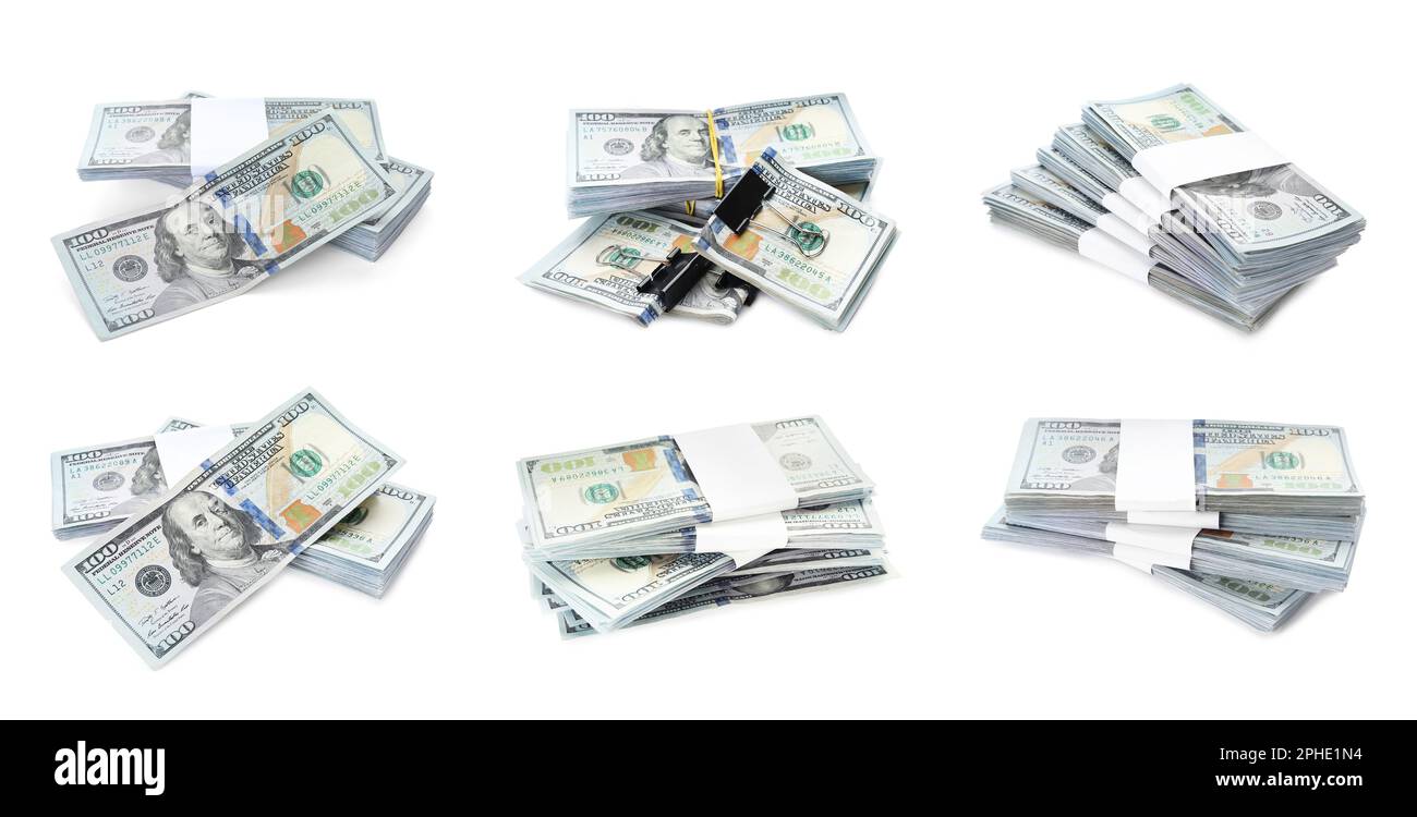 Many dollar banknotes on white background, collage. American national ...