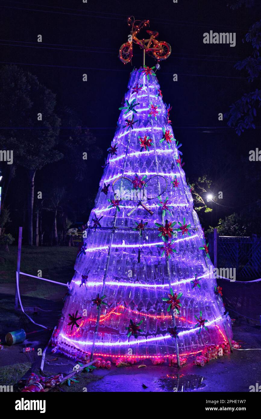 Colorfully lit fir tree with Christmas decorations in Siquijor in the