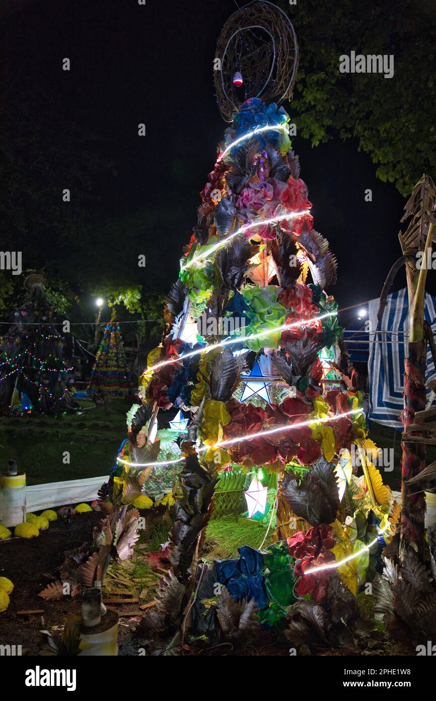 Colorfully lit fir tree with Christmas decorations in Siquijor in the